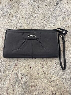 Coach Black Leather Clutch Wristlet with Silver Logo